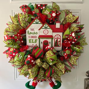 Elf Christmas Wreath,Festive Holiday Front Door Decor,&quot;This House Is Under Elf Watch&quot; Wreath,Whimsical Elf Legs Wreath,Christmas Wreath