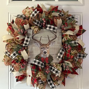 Winter Deer Wreath, Rustic Christmas Wreath, Buffalo Plaid Decor, Deer Sign Wreath, Holiday Door Wreath, Country Christmas Wreath