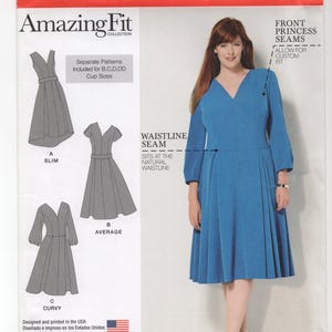 May include: Simplicity Amazing Fit Collection sewing pattern for dresses. Includes patterns for slim, average, and curvy figures. Features a blue dress with a V-neck and long sleeves. Sizes 20W-28W.