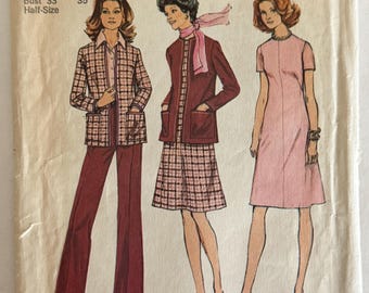 Vintage 1974 Simplicity 6614 Cardigan Dress Pants Pattern, Size 10.5 and 12.5, Uncut