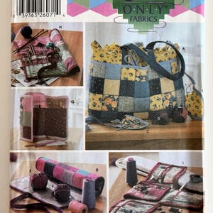May include: Simplicity pattern 5829 for Quilters Only Fabrics features sewing projects including a patchwork tote bag, a roll-up needle case, and various fabric organizers in floral and geometric prints with shades of blue, yellow, and pink.