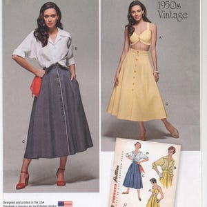 May include: Simplicity sewing pattern featuring 1950s vintage designs. The pattern includes options for a button-down skirt and a crop top. The package displays images of the finished garments, with size information and the American Sewing Guild logo.