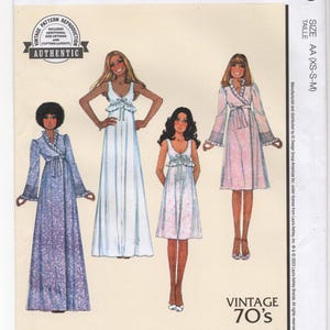 May include: McCall's vintage sewing pattern featuring Laura Ashley designs from the 1970s. The pattern includes illustrations of dresses and robes. The package is labeled "Authentic" and "Vintage 70's". Size AA (XS-S-M).