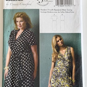 May include: Butterick sewing pattern B5898 by Connie Crawford for a dress with two variations. The pattern envelope features a black dress with white polka dots and a sleeveless dress with a yellow, gray, and black abstract print.