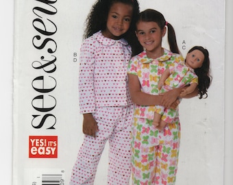 See & Sew 6613 Girls 18" Doll Pajama Top Pants Pattern, Size 2-8, Uncut
