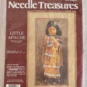 May include: Needle Treasures stitchery kit featuring a painting of a young Apache girl. The kit includes PATERNAYAN wool crewel yarn, cotton floss, needles, and instructions. The framed size is 14" x 24", and the size without a mat is 10" x 20".