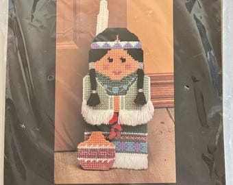Vintage 1990 Bucilla Plastic Canvas Kit Indian Native American Girl Doorstop 14" High