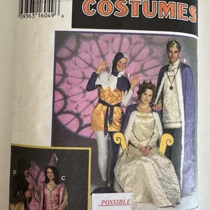 May include: Simplicity Costumes pattern featuring medieval and Renaissance-style outfits. The package shows illustrations of a jester, a queen, and a king in various costumes. The pattern includes sizes XS, S, and M.