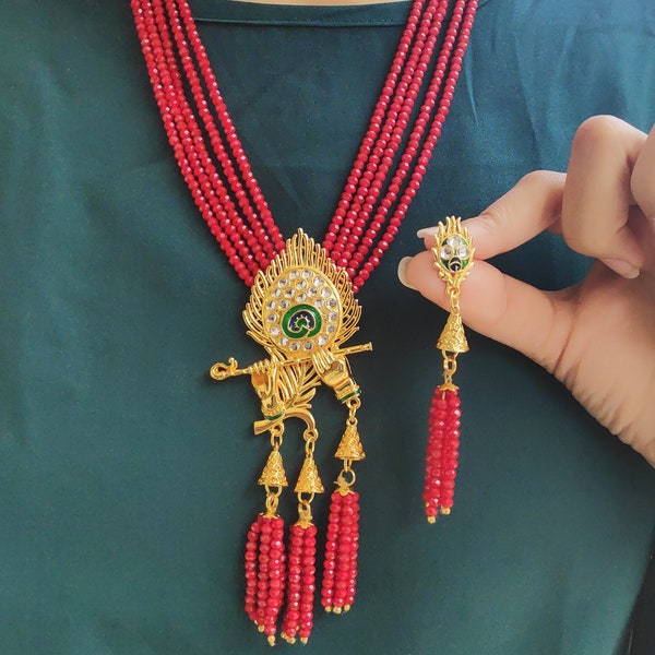 Gold Plated Crystallised Ruby Pearls Krishna Necklace Set With Peacock Feathers, 5 Lines of Crystal Mala,  Jadtar Stones and Meenakari