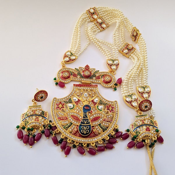 Traditional Meenakari Rajwadi Kundan Pearl Necklace & Earrings with Peacock Design