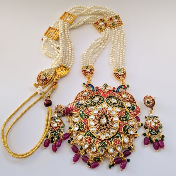 Traditional Meenakari Rajwadi Kundan Pearl Necklace & Earrings with 4 Peacock Design