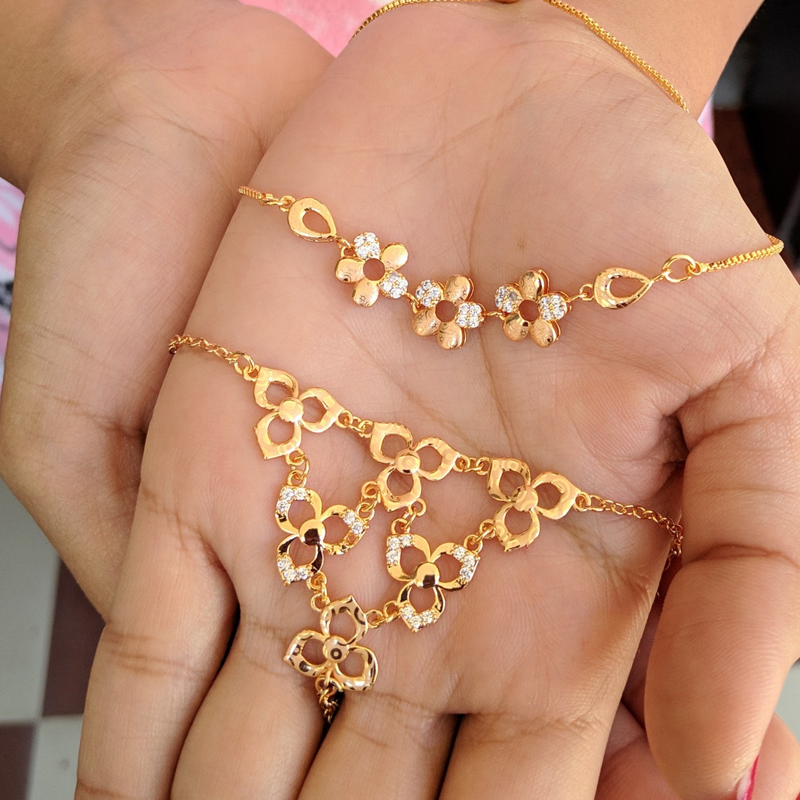 Traditional Rose Gold Flower Shaped Panja & Bracelet Set Etsy