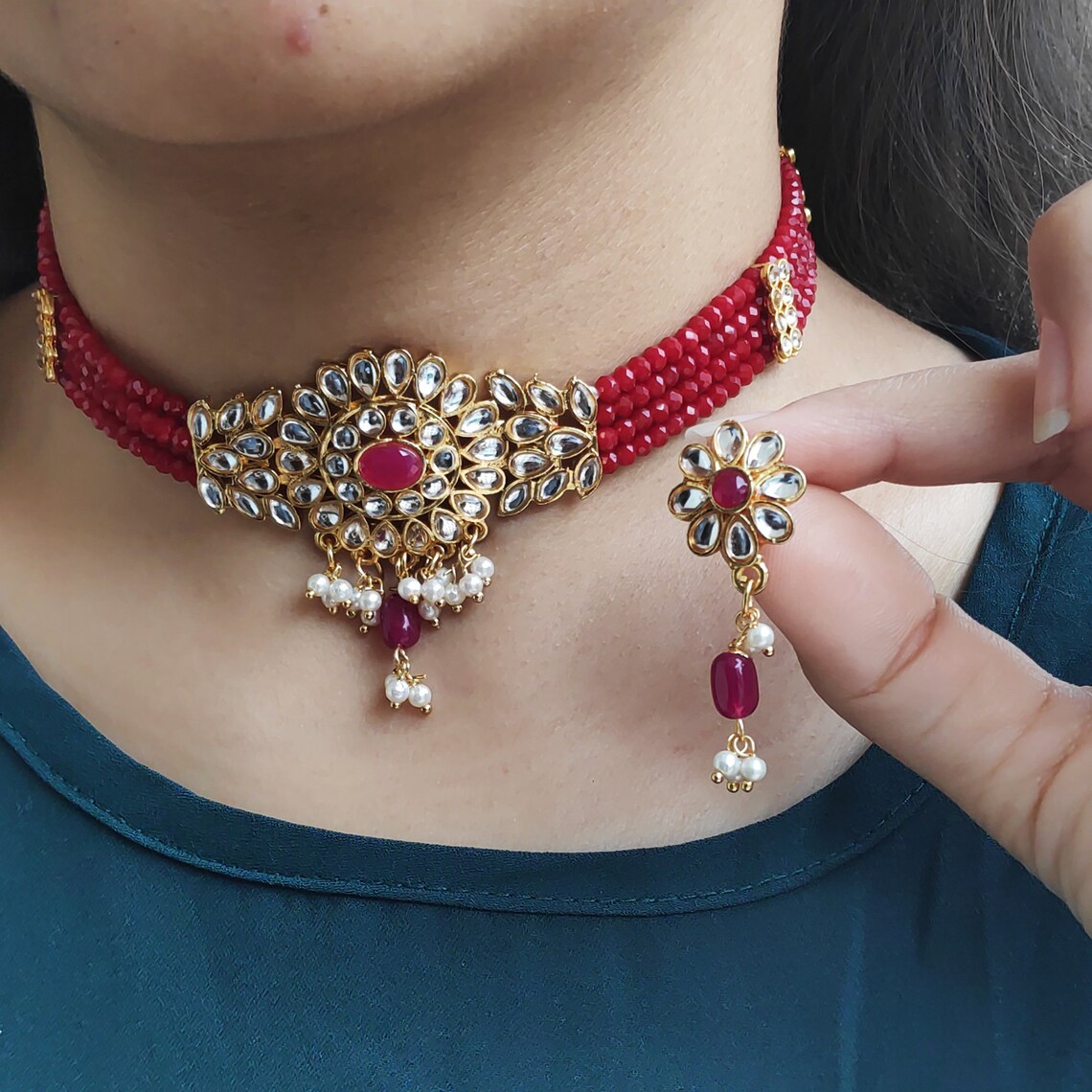 Elegant Traditional Red Choker With Matte Crystalized Etsy UK