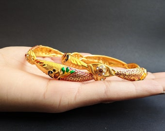 Traditional Meenakari Bangle Bracelet with Tricolor Meenakari Peacock and Diamonds