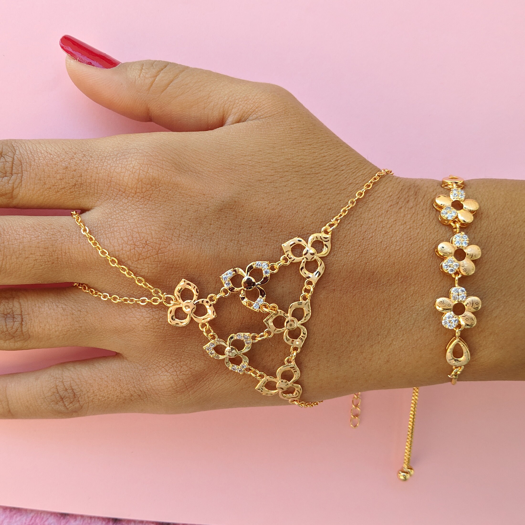 Traditional Rose Gold Flower Shaped Panja & Bracelet Set Etsy