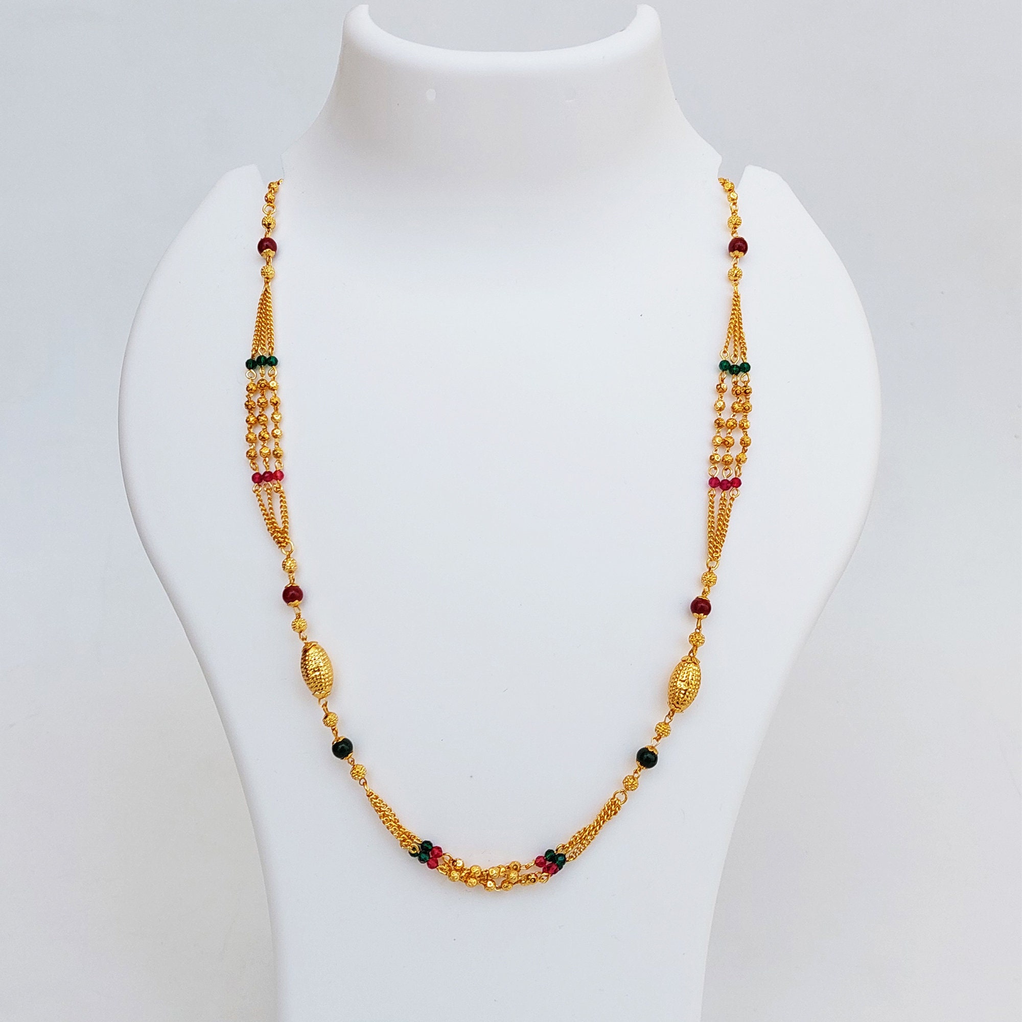 Golden Beads Necklace With 3 Strands of Chains and Ruby Green