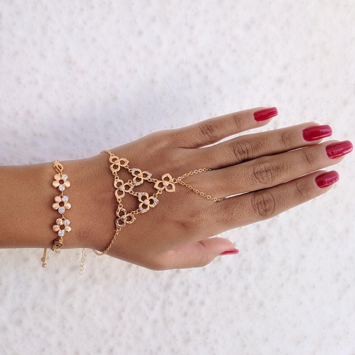 Traditional Rose Gold Flower Shaped Panja & Bracelet Set Etsy