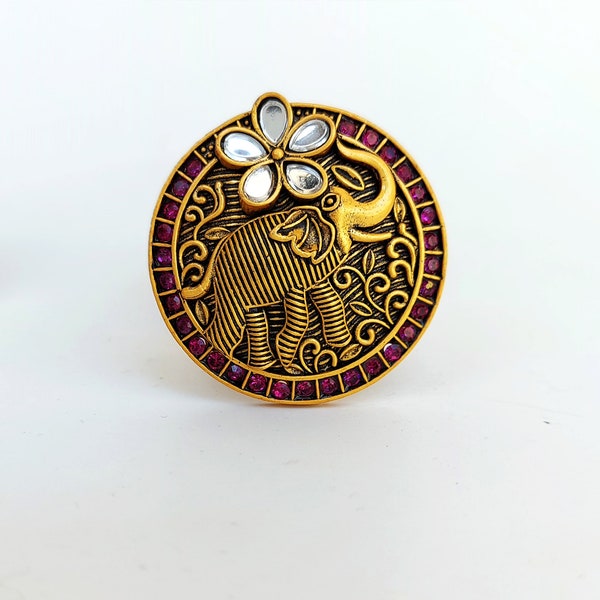 Bague réglable Happy Elephant plaqué or mat avec miroirs et daimonds violets