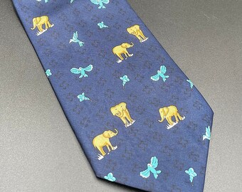 Blue Silk Tie, Elephants and Birds, Extra Long, Vintage