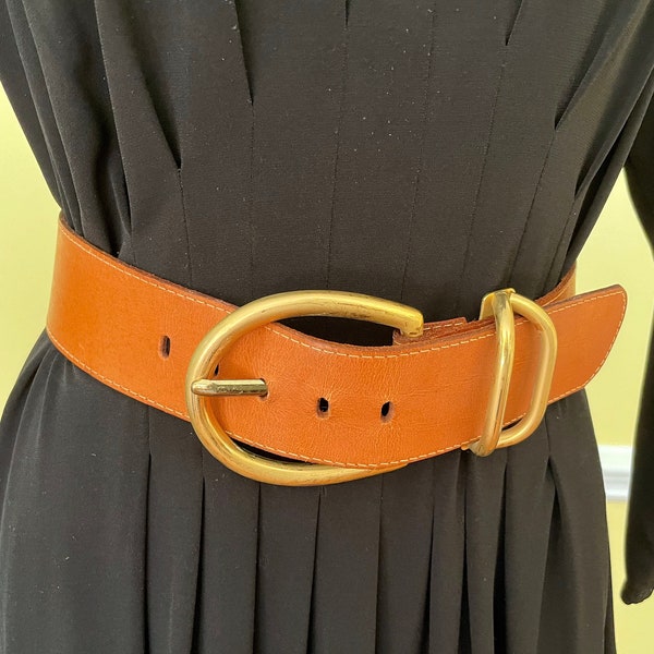 Women's Wide Leather Belt / Accessories by Pearl Leather Belt / Tan Leather Belt with Goldtone Hardware, Size Medium / Wide Women's Belt