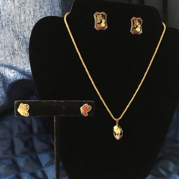 Cloisonne Pendant and Earrings Set / Vintage Butterfly Jewelry Set / Six Piece Set at a Bargain Price