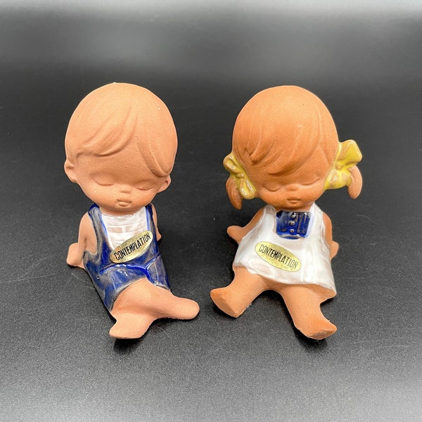 Boy & Girl Enesco Redware Figurines / Pair of Seated Children from 1980s Contemplation Collection / Vintage Enesco with Original Stickers