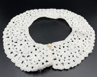 RBG Lace Collar / Vintage Handmade Crochet Collar: White Cotton Lace, 15" Neck
