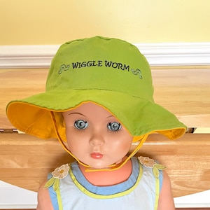 Child&#39;s Sun Hat by Flapjacks /  Floppy Hat with Chin Strap / Reversible - Wiggle Worm (green) and Busy Bee (yellow), 100% Cotton, UPF 50+