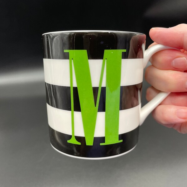 M Mug / Cup for Someone with the Initial M / Kate Spade New York for Lenox Porcelain Mug with Black and White Stripes and a Bright Green M