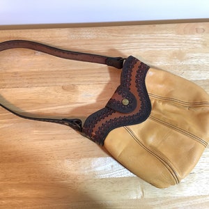 Boho Leather Bag Handmade by Gladys Shrimp Leather / Handcrafted Vintage Tooled Leather Purse Circa 1970