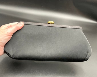 Black Evening Clutch with "Gem" Clasp / Vintage Fabric Clutch / Black Formal Evening Bag / Gift for Vintage Fashion Collector