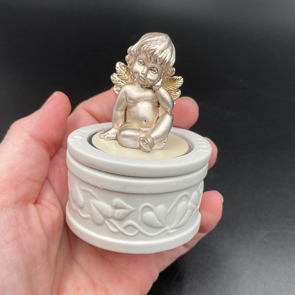 Capodimonte Angel Ring Box, White Porcelain Round Covered Box with a Metal Angel Figurine on Top / Gift Box for Jewelry