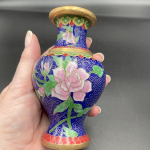 Cloisonne Vase / Vintage Blue Cloisonne Vase with Pink Flowers and Brass Details / Asian-Inspired Decor / Blue Pink Green Red Yellow & Gold