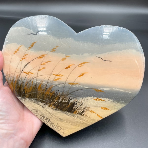 Painted Beach Scene on Heart-Shaped Wood Plaque / Vintage 1970s Wall Hanging / Signed Seascape Painting