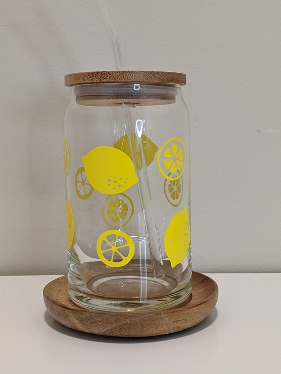 Lemon 16oz Glass Cup with Bamboo Lid