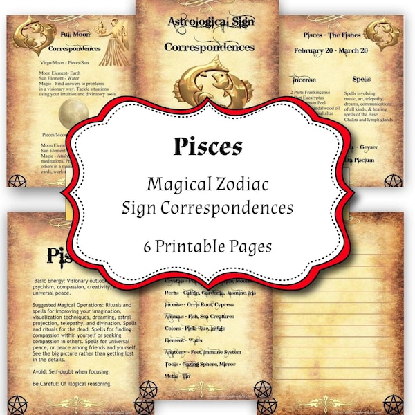 Pisces Zodiac Sign Book of Shadow, Witchcraft Astrology, 6 Printable PDF Pages, Full Moon & Sun Magic Correspondences to Work on