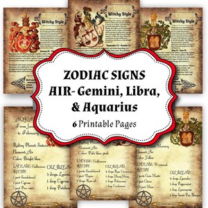 Signe aérien du zodiaque imprimable | Verseau, Gémeaux et Balance Livre des Ombres Correspondance d'astrologie de style sorcière