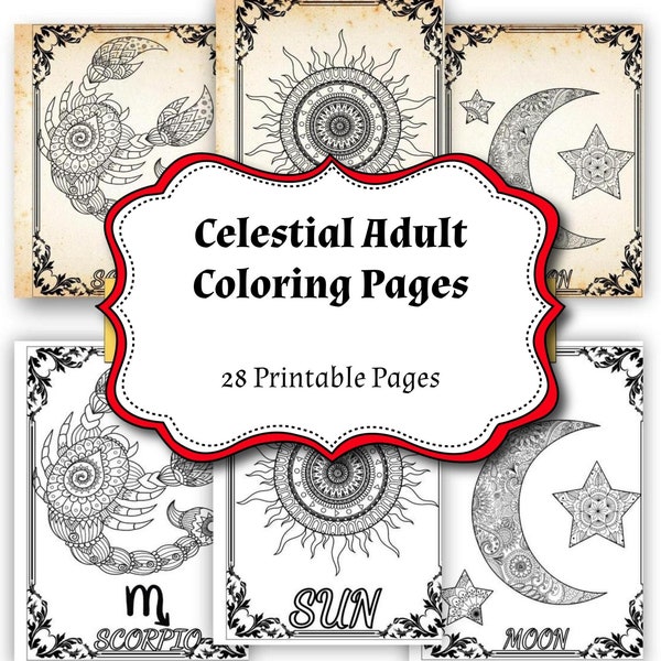 Zodiac Coloring Pages, Astrology Downloadable, 28 Printable Mandala Zodiac Birth Signs, Celestial Adult Coloring, At Home Activity