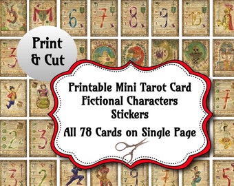 Printable Tarot Journal Stickers, Fictional Characters Deck, All 78 Major & Minor Arcana on a Single Page, Card Back Patterns + Free BONUS