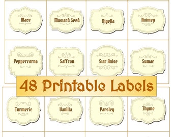 48 Digital Download Printable Kitchen Labels for Customized and Unique Herbs, Spices and Seasonings Canister Organization