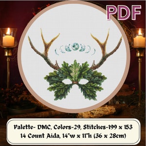 Green Man with Horns, Celtic Triple Moon Goddess Pagan Cross Stitch, Embroidery PDF, Witch Altar, Xstitch Chart,  Pattern Keeper Compatible