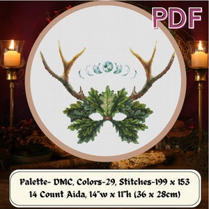 Uomo verde con corna, punto croce pagano della dea celtica della tripla luna, PDF ricamo, altare della strega, grafico Xstitch, compatibile con Pattern Keeper