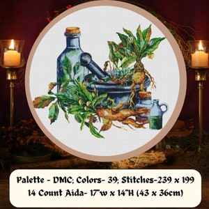 Kitchen Witch Herbs, Mortar, Pestle and Magic Potions. Spooky Pagan Cross Stitch PDF, Pattern Keeper Compatible