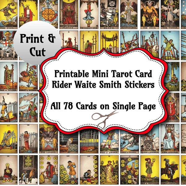 Printable Tarot Journal Stickers, Rider Waite Smith Deck, All 78 Major & Minor Arcana on a Single Page with Card Back Patterns + Free BONUS