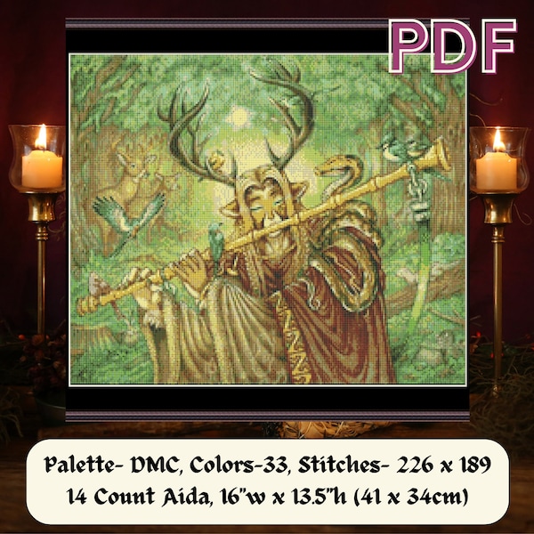 Horned God Cernunnos, Ancient Pagan Green Man, God of the Forest, Hunt, Fertility & the Sun, Cross Stitch Pattern, Embroidery PDF/Wicca 18