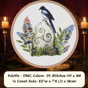Magical Wiccan Divination Cross Stitch PDF featuring a Magpie & Runic Inscription - Instant Download, Pattern Keeper Compatible