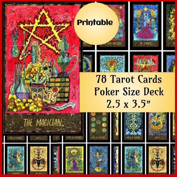 78 Tarot Deck, Standart USA Poker Size, Wiccan Magic Tarot Card Printable, Divination Tools (2.5"x3.5")