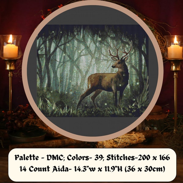 Beltane Magical Forest, Majestic Stag & Fairy Lights. Modern Pagan Symbol. Wicca Mystic Rituals. Cross stitch PDF, Pattern Keeper Compatible