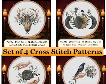 Set of 4 Pagan Cross Stitch, Wiccan PDF, Gothic Fantasy Decor, Wicca Altar Colourful Cushion Cover, Pattern Keeper Compatible