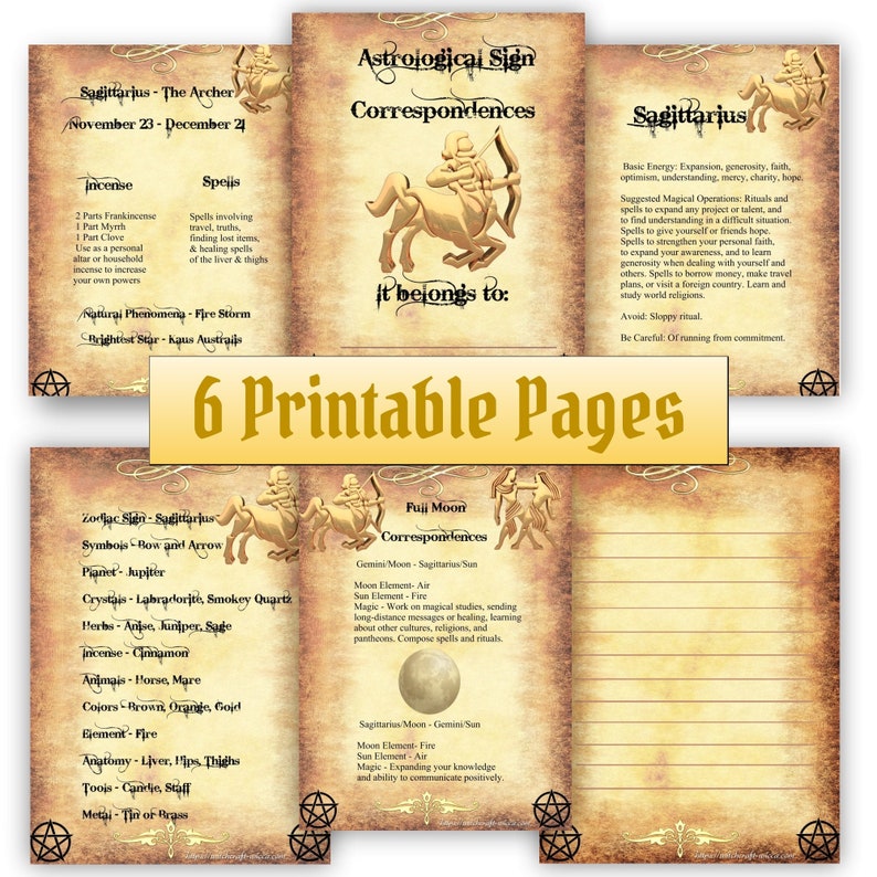 Sagittarius Zodiac Sign Book of Shadow, 6 Printable PDF Pages, Witchcraft Astrology, Full Moon and Sun Magic Correspondences to Work on image 9